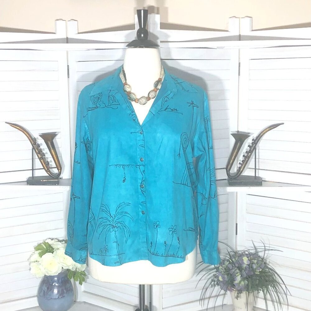 Chico's Art to Wear Teal Aqua Faux Suede Shirt Large